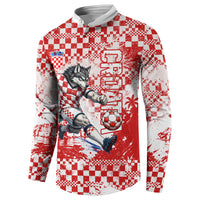 Personalized Croatia Football Wolf Mascot Button Sweatshirt Checkerboard Soccer Pride - Splatter Textures