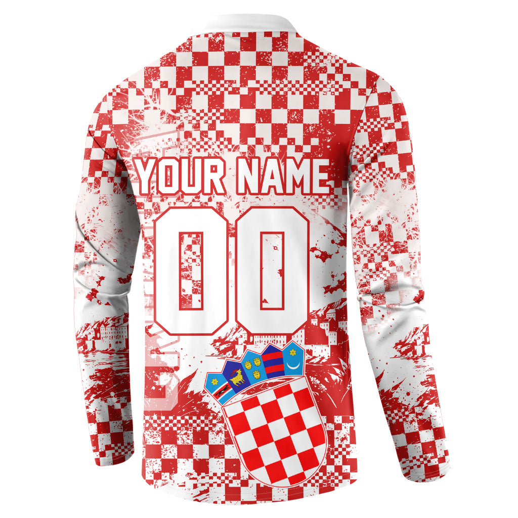 Personalized Croatia Football Wolf Mascot Button Sweatshirt Checkerboard Soccer Pride - Splatter Textures