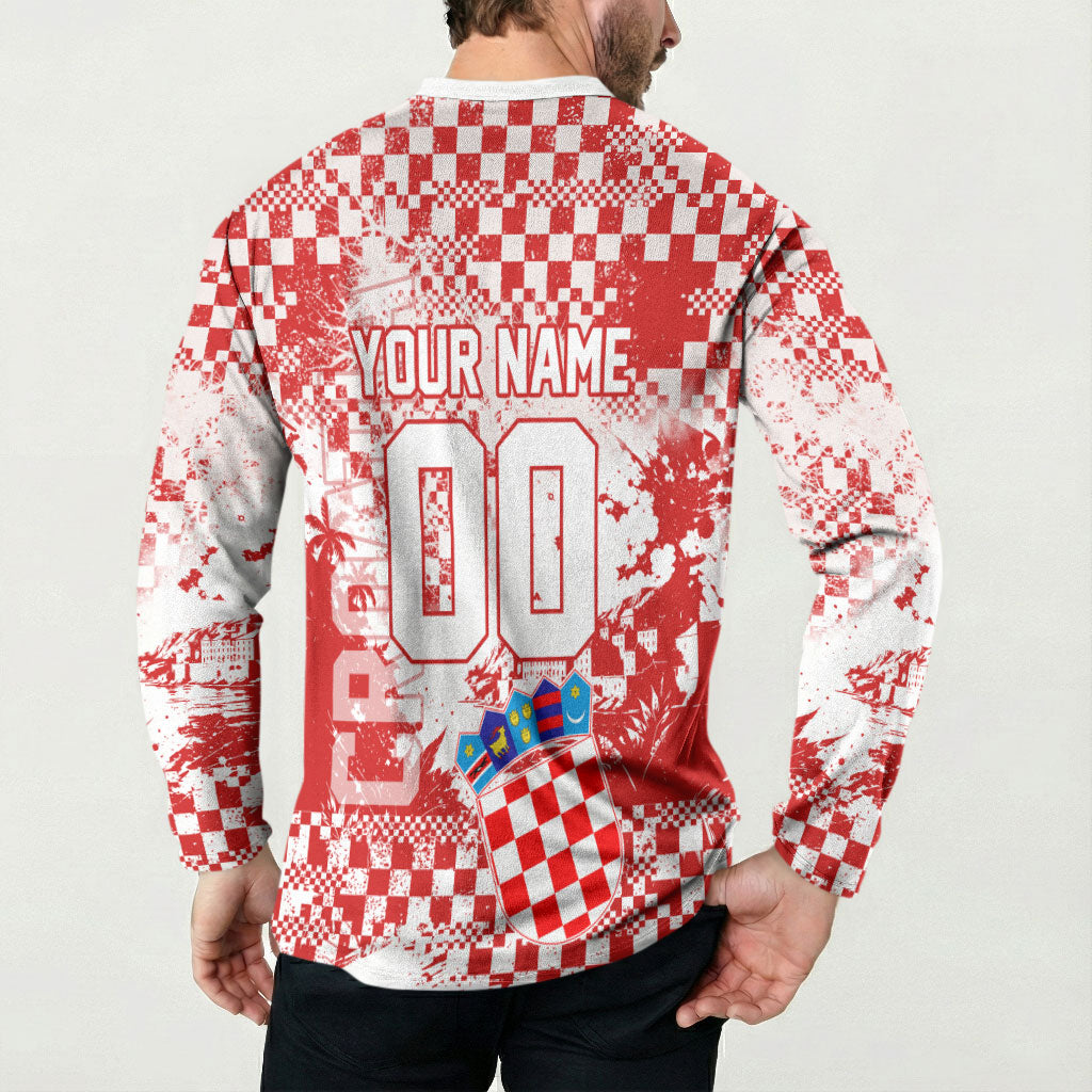 Personalized Croatia Football Wolf Mascot Button Sweatshirt Checkerboard Soccer Pride - Splatter Textures