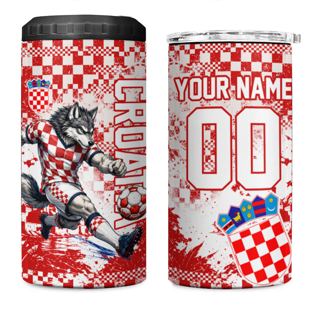 Personalized Croatia Football Wolf Mascot 4 in 1 Can Cooler Tumbler Checkerboard Soccer Pride - Splatter Textures