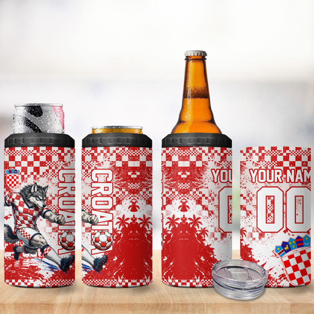 Personalized Croatia Football Wolf Mascot 4 in 1 Can Cooler Tumbler Checkerboard Soccer Pride - Splatter Textures