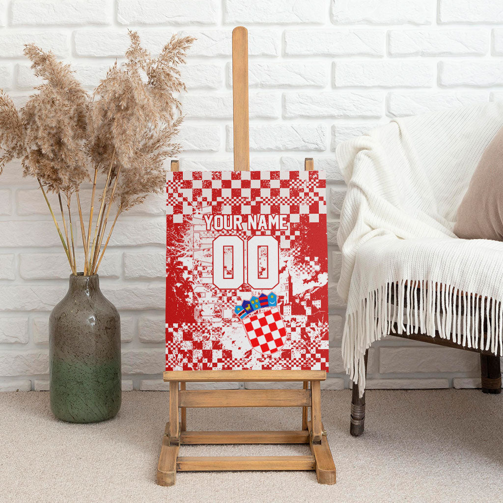 Personalized Croatia Football Wolf Mascot Canvas Wall Art Checkerboard Soccer Pride - Splatter Textures