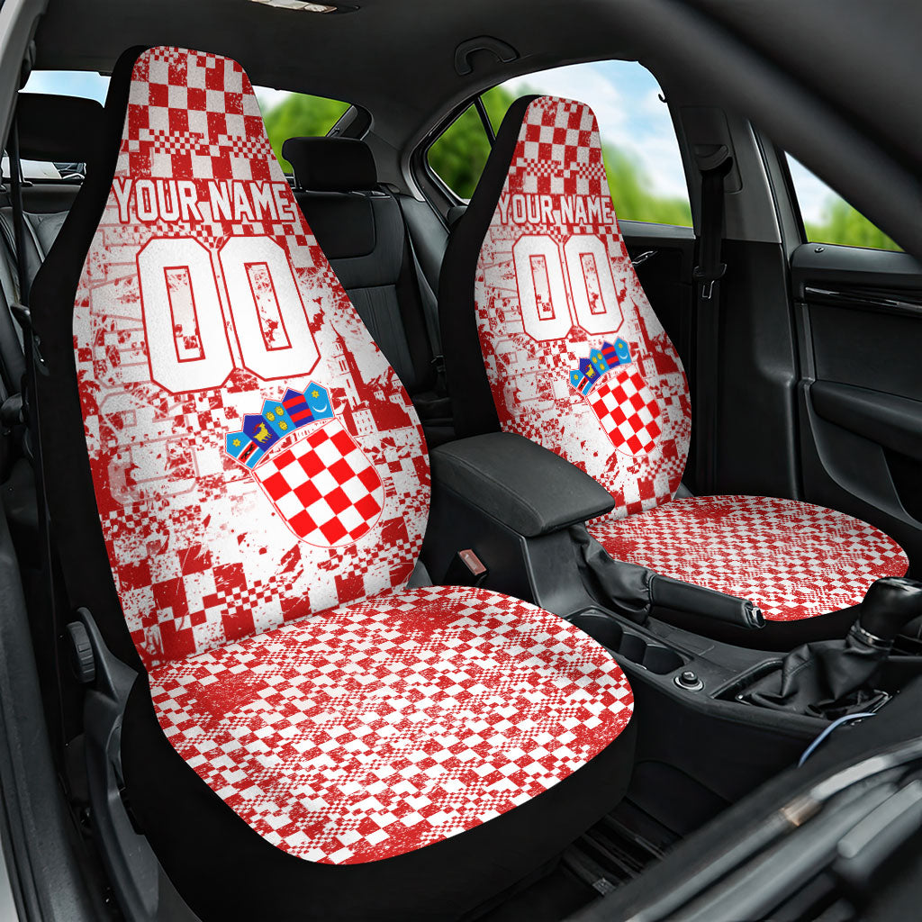 Personalized Croatia Football Wolf Mascot Car Seat Cover Checkerboard Soccer Pride - Splatter Textures