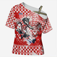 Personalized Croatia Football Wolf Mascot Cross Shoulder Shirt Checkerboard Soccer Pride - Splatter Textures