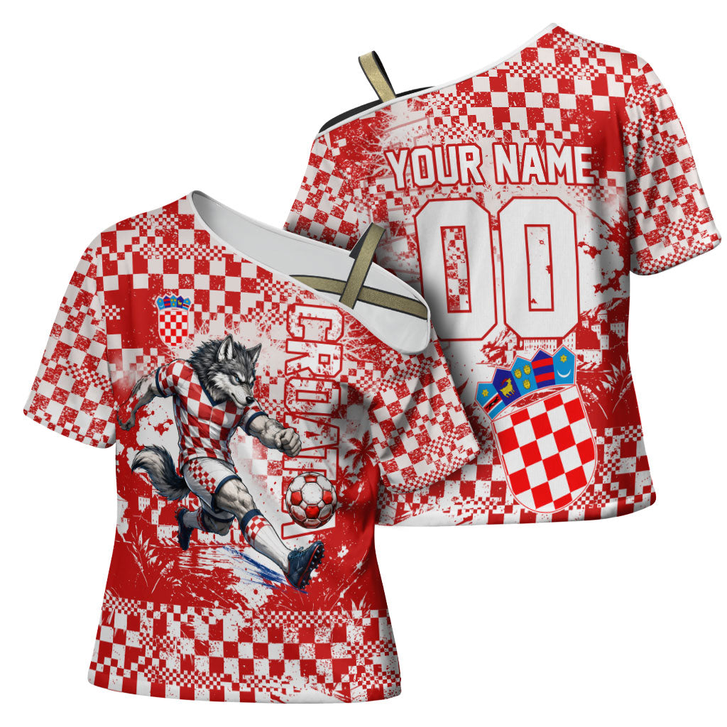 Personalized Croatia Football Wolf Mascot Cross Shoulder Shirt Checkerboard Soccer Pride - Splatter Textures