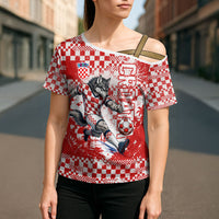 Personalized Croatia Football Wolf Mascot Cross Shoulder Shirt Checkerboard Soccer Pride - Splatter Textures