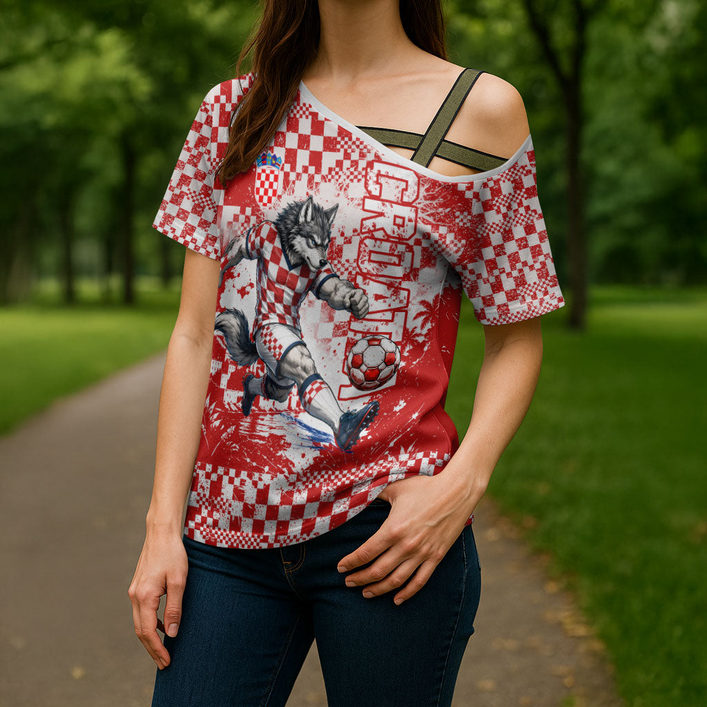 Personalized Croatia Football Wolf Mascot Cross Shoulder Shirt Checkerboard Soccer Pride - Splatter Textures
