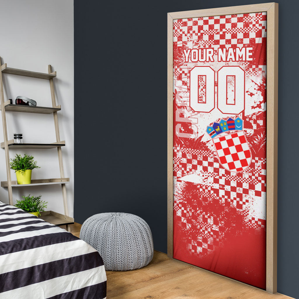 Personalized Croatia Football Wolf Mascot Door Cover Checkerboard Soccer Pride - Splatter Textures