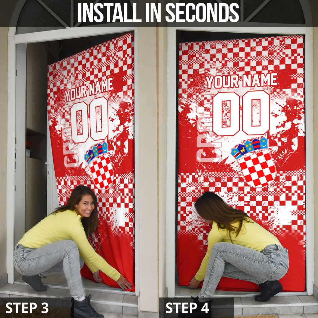 Personalized Croatia Football Wolf Mascot Door Cover Checkerboard Soccer Pride - Splatter Textures