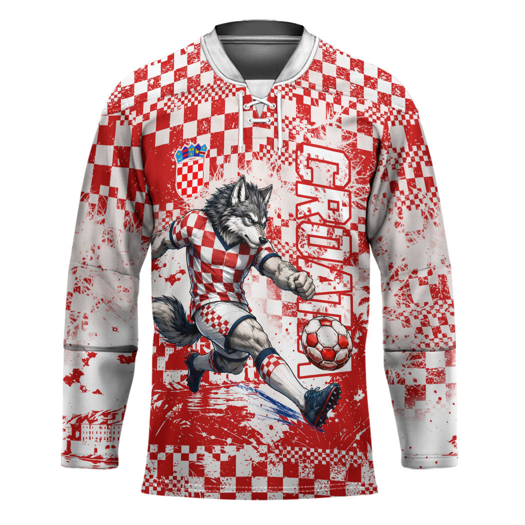 Personalized Croatia Football Wolf Mascot Hockey Jersey Checkerboard Soccer Pride - Splatter Textures