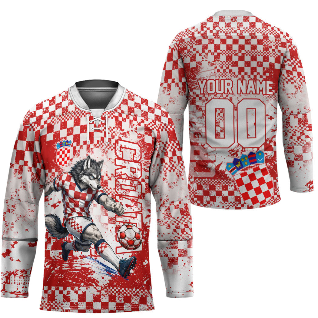 Personalized Croatia Football Wolf Mascot Hockey Jersey Checkerboard Soccer Pride - Splatter Textures
