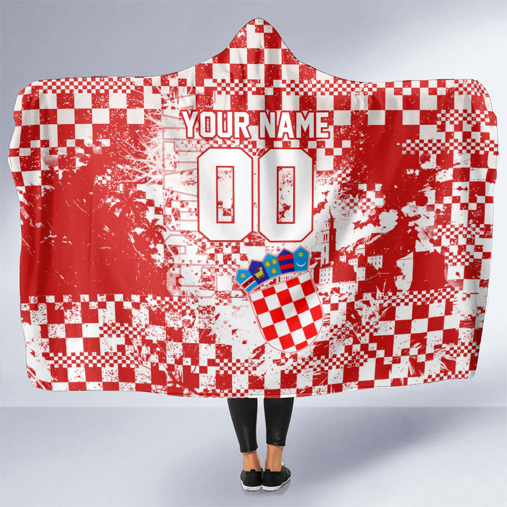 Personalized Croatia Football Wolf Mascot Hooded Blanket Checkerboard Soccer Pride - Splatter Textures