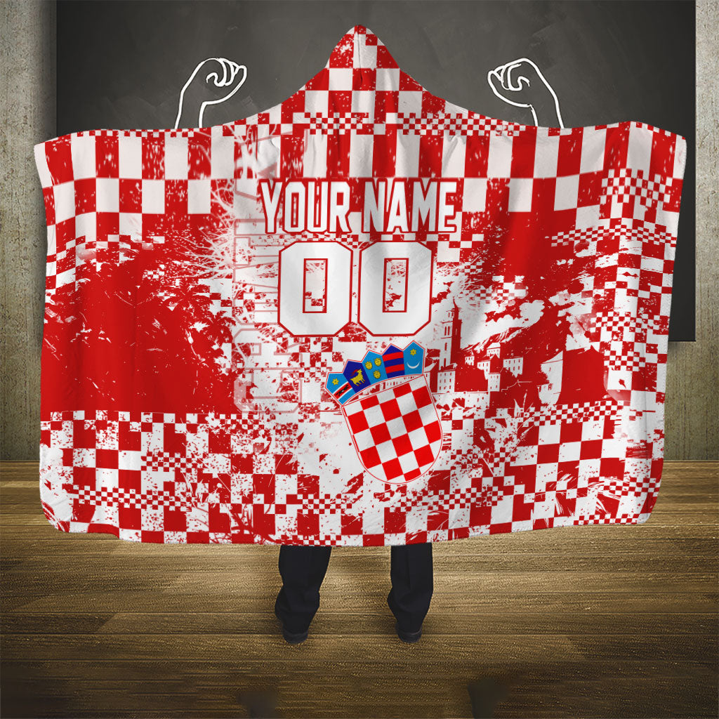 Personalized Croatia Football Wolf Mascot Hooded Blanket Checkerboard Soccer Pride - Splatter Textures