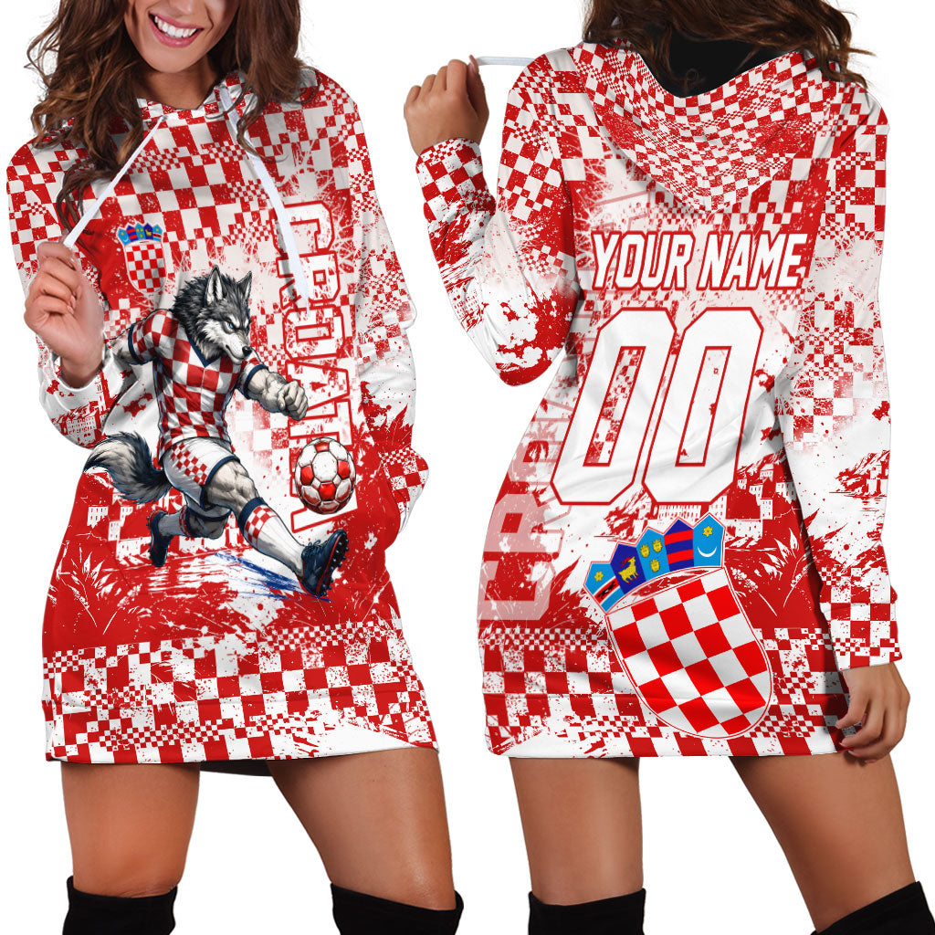 Personalized Croatia Football Wolf Mascot Hoodie Dress Checkerboard Soccer Pride - Splatter Textures