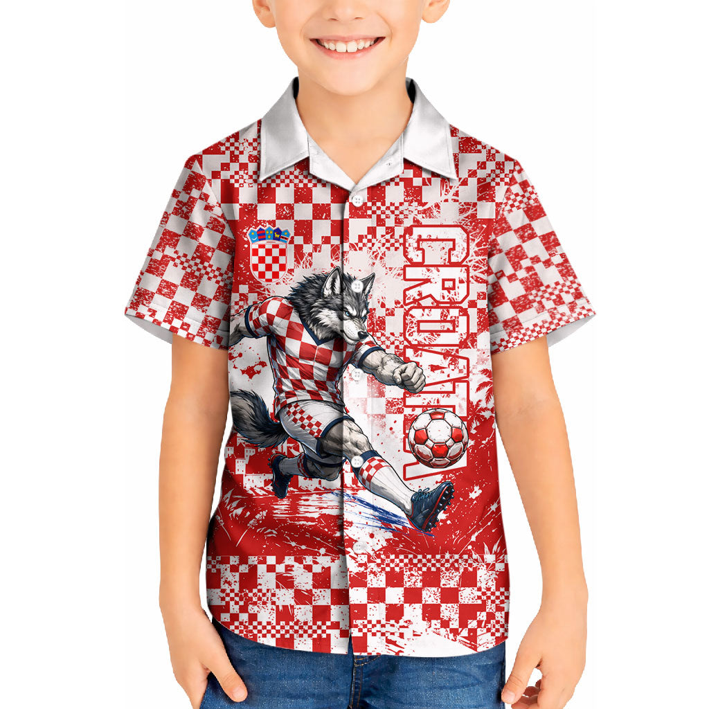 Personalized Croatia Football Wolf Mascot Kid Hawaiian Shirt Checkerboard Soccer Pride - Splatter Textures