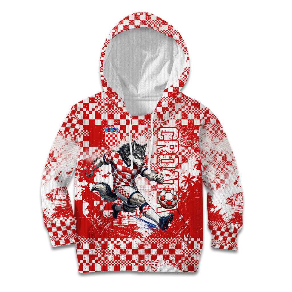 Personalized Croatia Football Wolf Mascot Kid Hoodie Checkerboard Soccer Pride - Splatter Textures