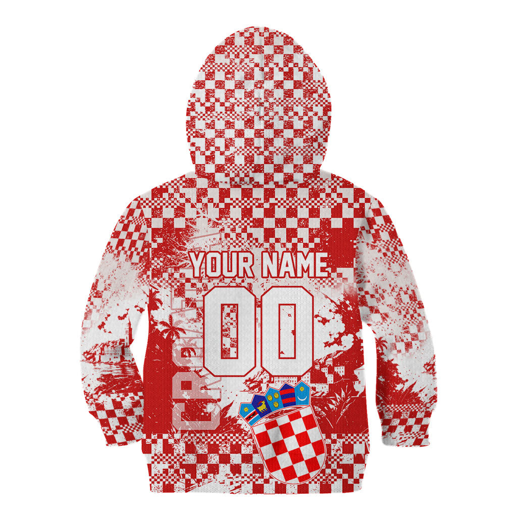 Personalized Croatia Football Wolf Mascot Kid Hoodie Checkerboard Soccer Pride - Splatter Textures