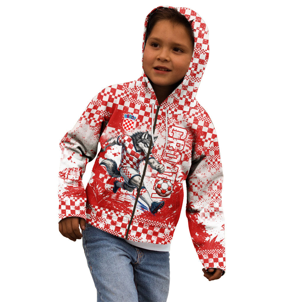 Personalized Croatia Football Wolf Mascot Kid Hoodie Checkerboard Soccer Pride - Splatter Textures