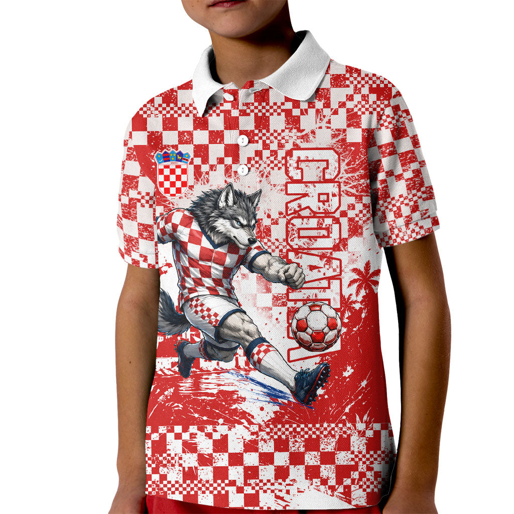 Personalized Croatia Football Wolf Mascot Kid Polo Shirt Checkerboard Soccer Pride - Splatter Textures