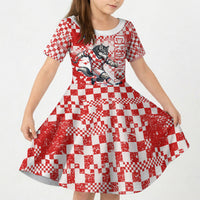 Personalized Croatia Football Wolf Mascot Kid Short Sleeve Dress Checkerboard Soccer Pride - Splatter Textures