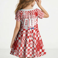Personalized Croatia Football Wolf Mascot Kid Short Sleeve Dress Checkerboard Soccer Pride - Splatter Textures