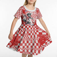Personalized Croatia Football Wolf Mascot Kid Short Sleeve Dress Checkerboard Soccer Pride - Splatter Textures