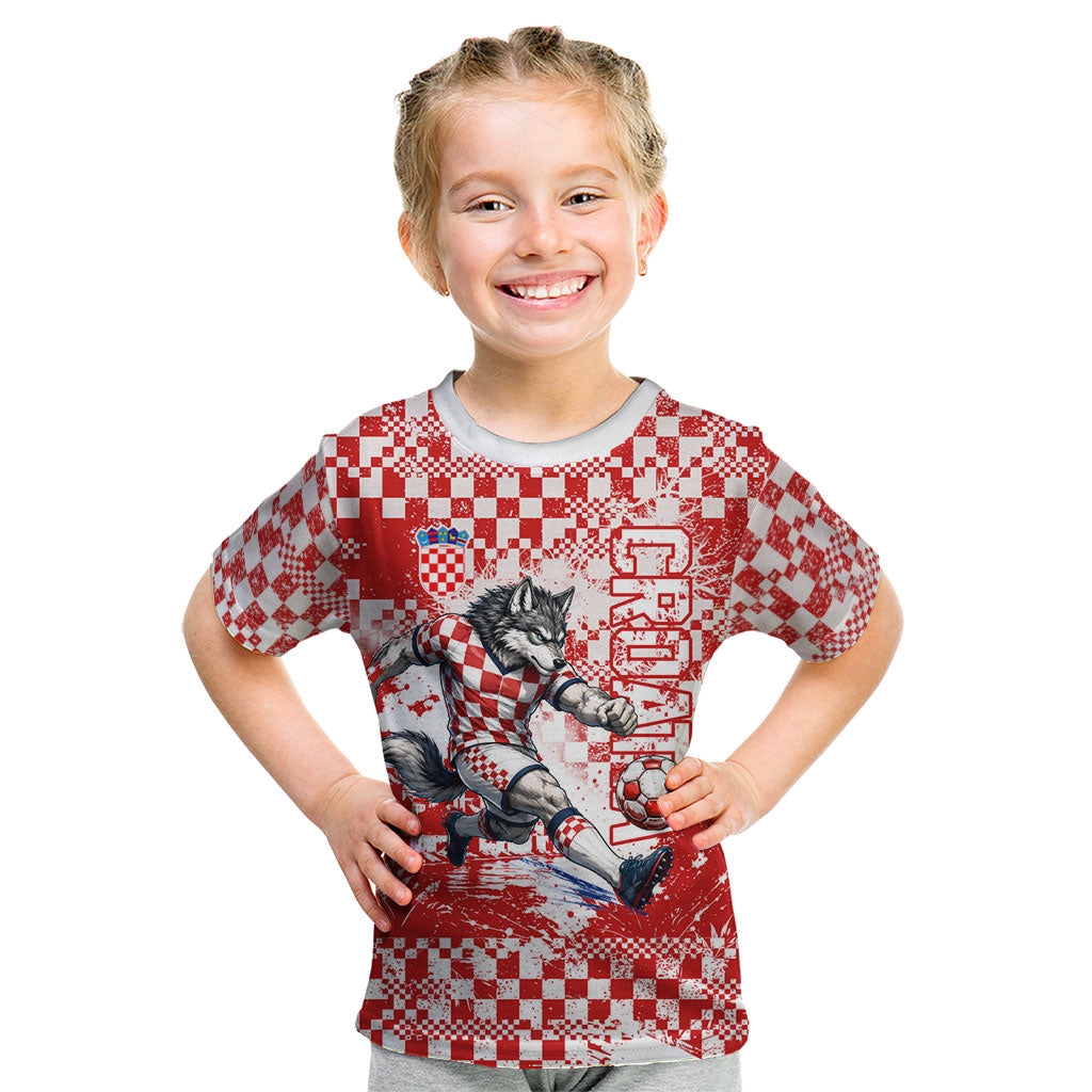 Personalized Croatia Football Wolf Mascot Kid T Shirt Checkerboard Soccer Pride - Splatter Textures