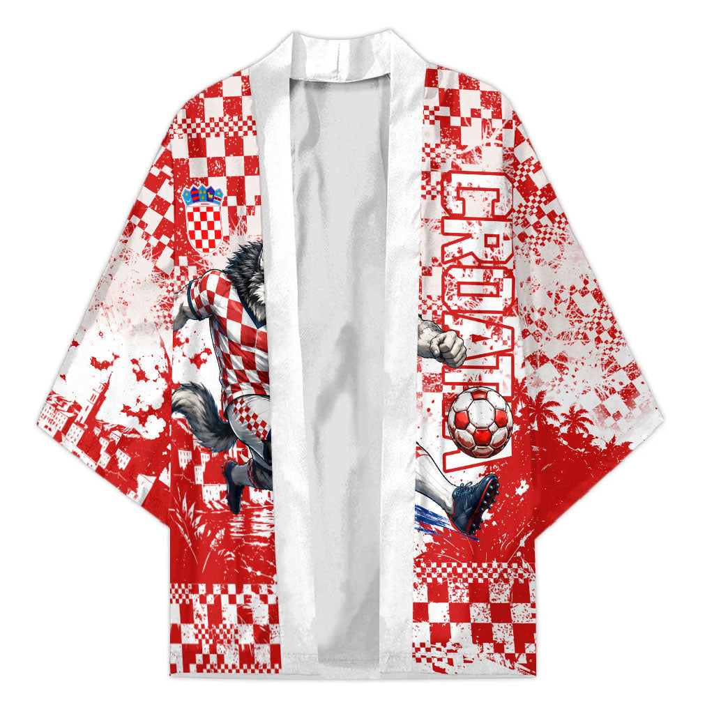 Personalized Croatia Football Wolf Mascot Kimono Checkerboard Soccer Pride - Splatter Textures