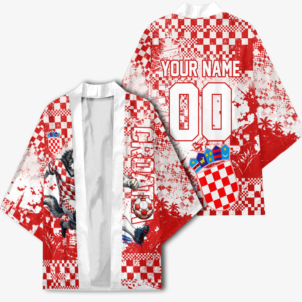 Personalized Croatia Football Wolf Mascot Kimono Checkerboard Soccer Pride - Splatter Textures
