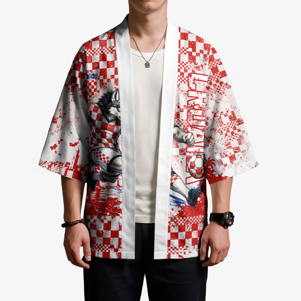 Personalized Croatia Football Wolf Mascot Kimono Checkerboard Soccer Pride - Splatter Textures