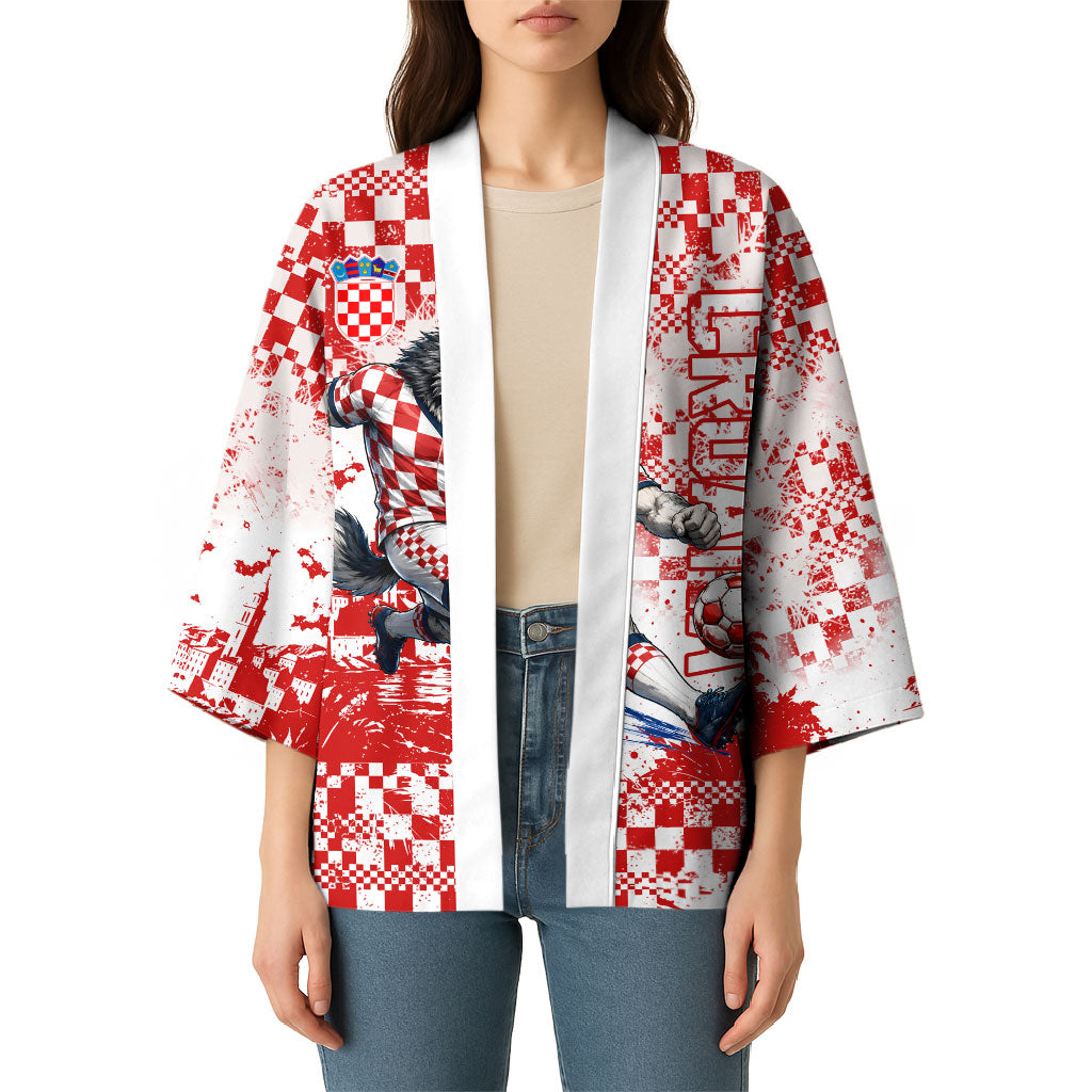 Personalized Croatia Football Wolf Mascot Kimono Checkerboard Soccer Pride - Splatter Textures