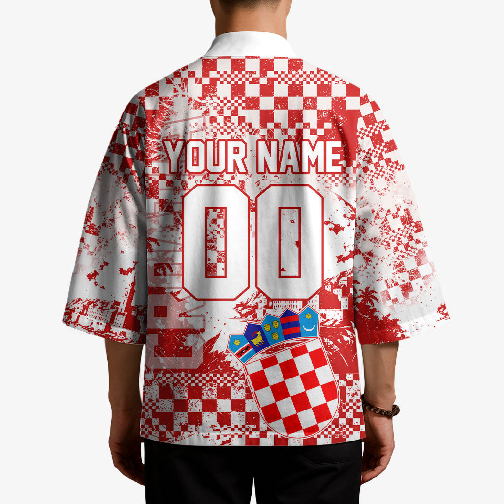 Personalized Croatia Football Wolf Mascot Kimono Checkerboard Soccer Pride - Splatter Textures