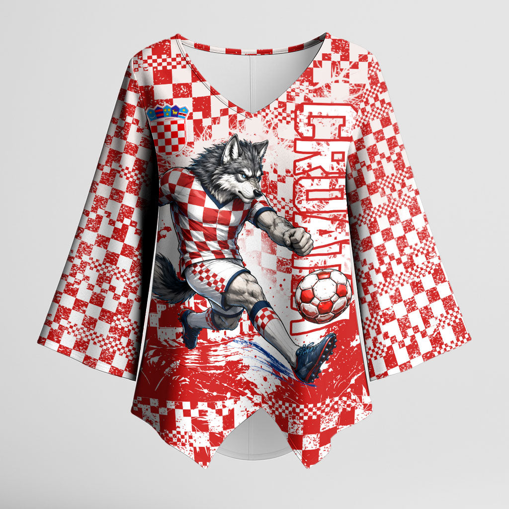 Personalized Croatia Football Wolf Mascot Kimono Sleeve Blouse Checkerboard Soccer Pride - Splatter Textures