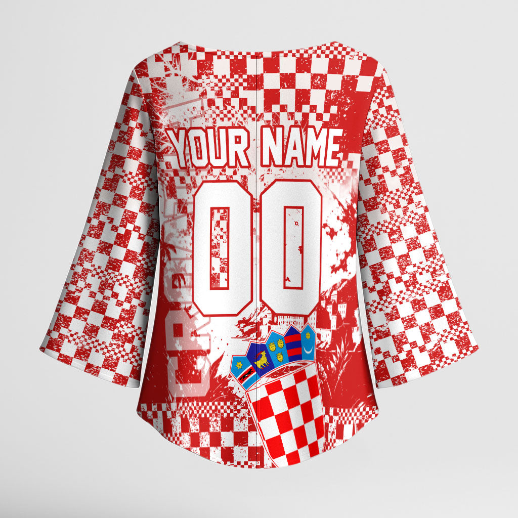 Personalized Croatia Football Wolf Mascot Kimono Sleeve Blouse Checkerboard Soccer Pride - Splatter Textures