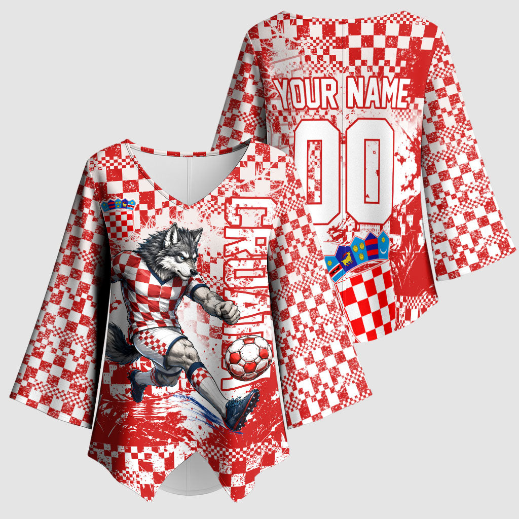 Personalized Croatia Football Wolf Mascot Kimono Sleeve Blouse Checkerboard Soccer Pride - Splatter Textures