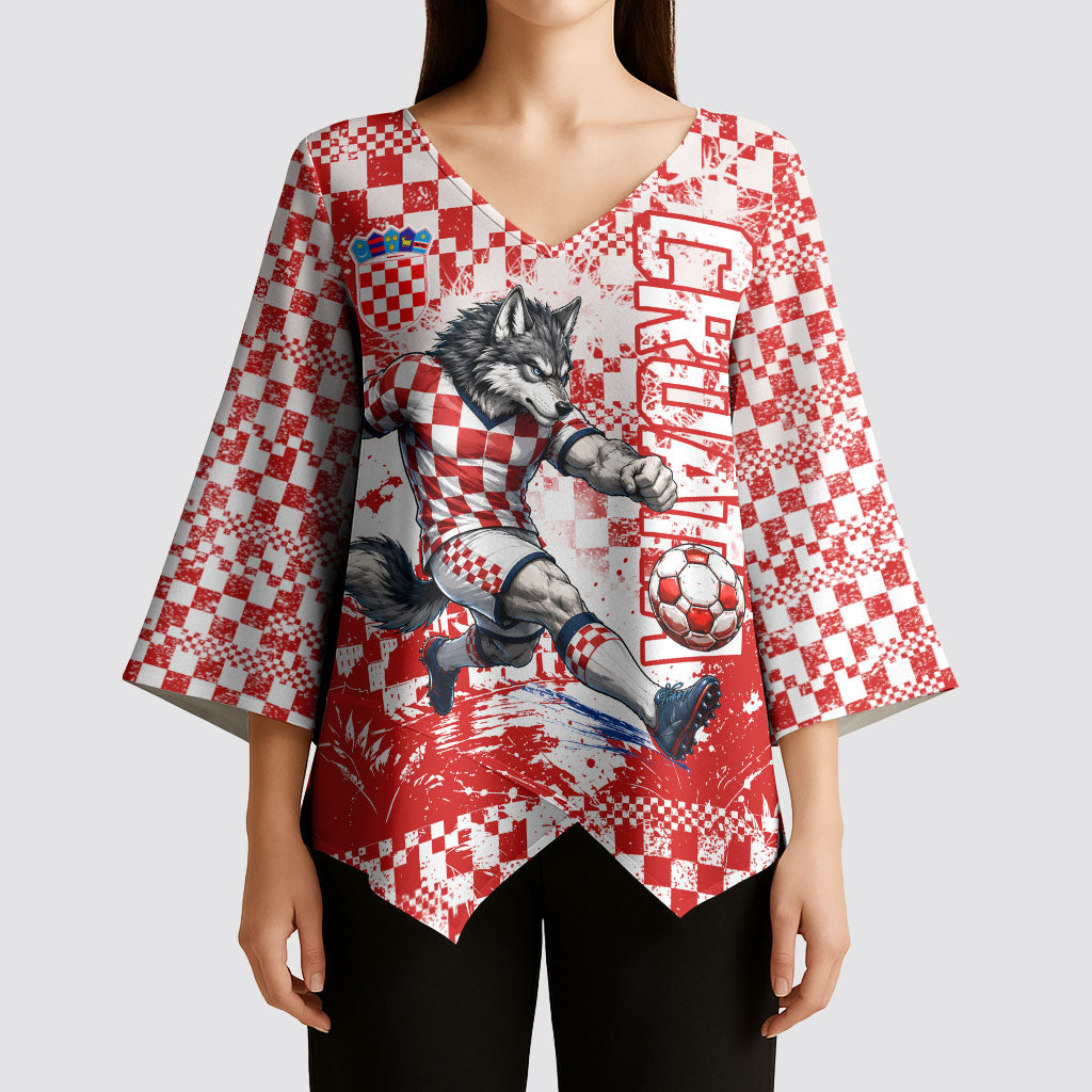 Personalized Croatia Football Wolf Mascot Kimono Sleeve Blouse Checkerboard Soccer Pride - Splatter Textures