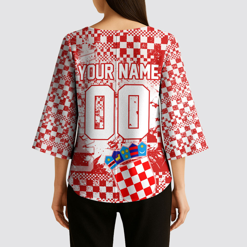 Personalized Croatia Football Wolf Mascot Kimono Sleeve Blouse Checkerboard Soccer Pride - Splatter Textures