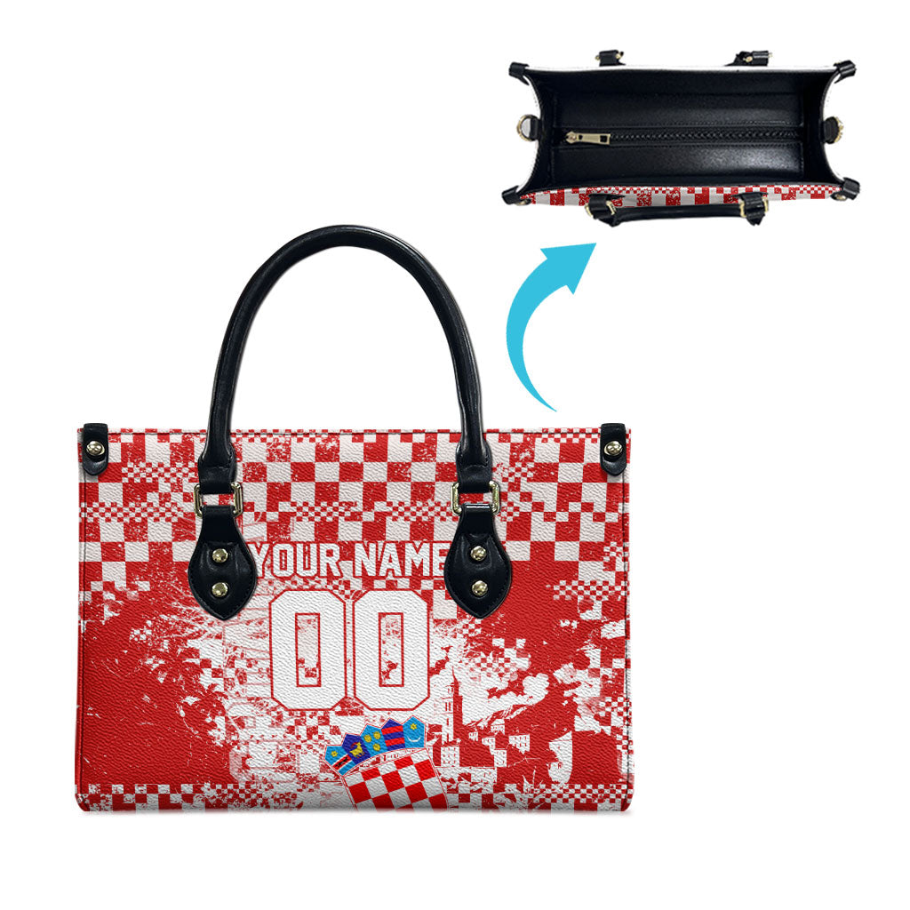 Personalized Croatia Football Wolf Mascot Leather Bag Checkerboard Soccer Pride - Splatter Textures