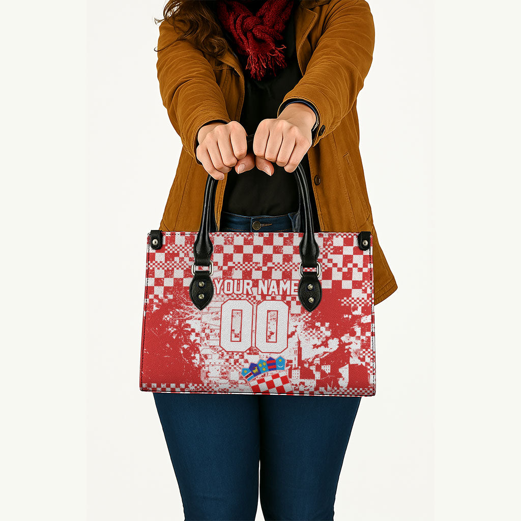 Personalized Croatia Football Wolf Mascot Leather Bag Checkerboard Soccer Pride - Splatter Textures