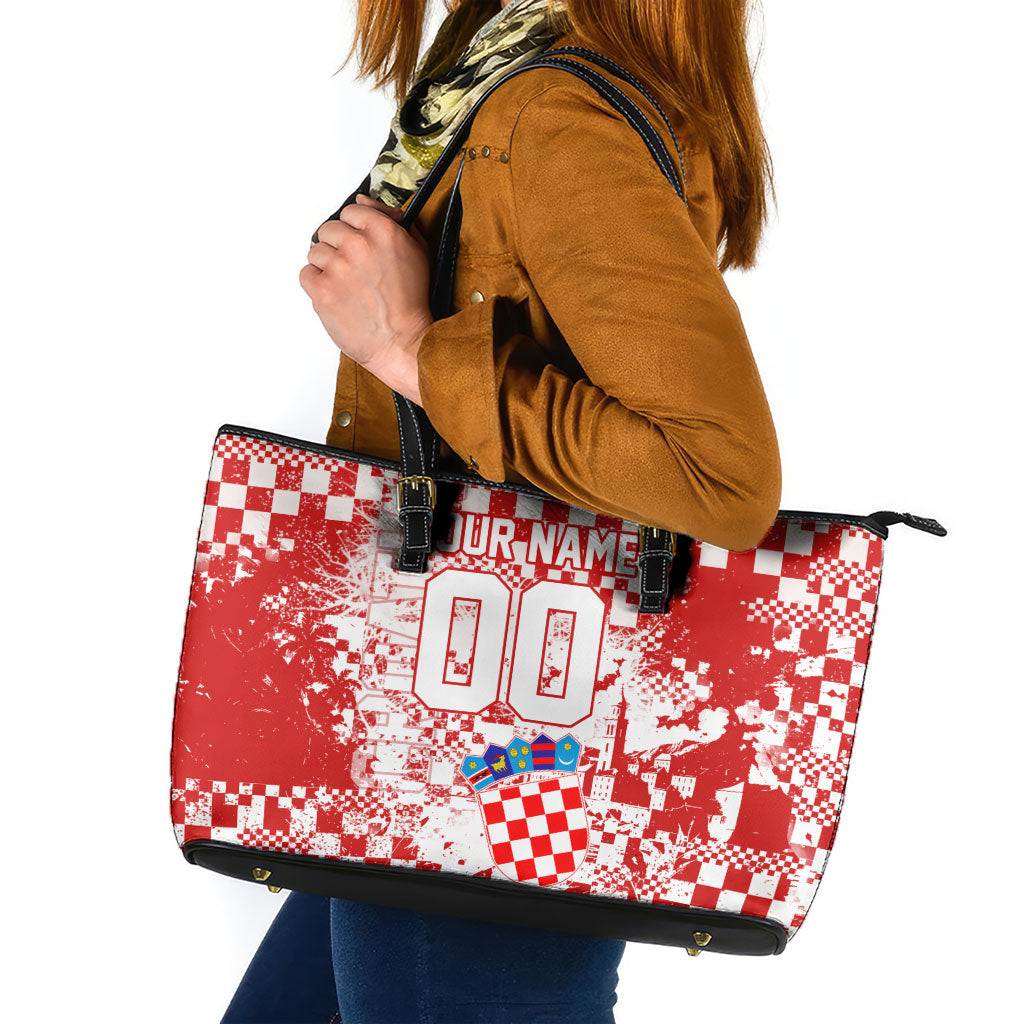Personalized Croatia Football Wolf Mascot Leather Tote Bag Checkerboard Soccer Pride - Splatter Textures