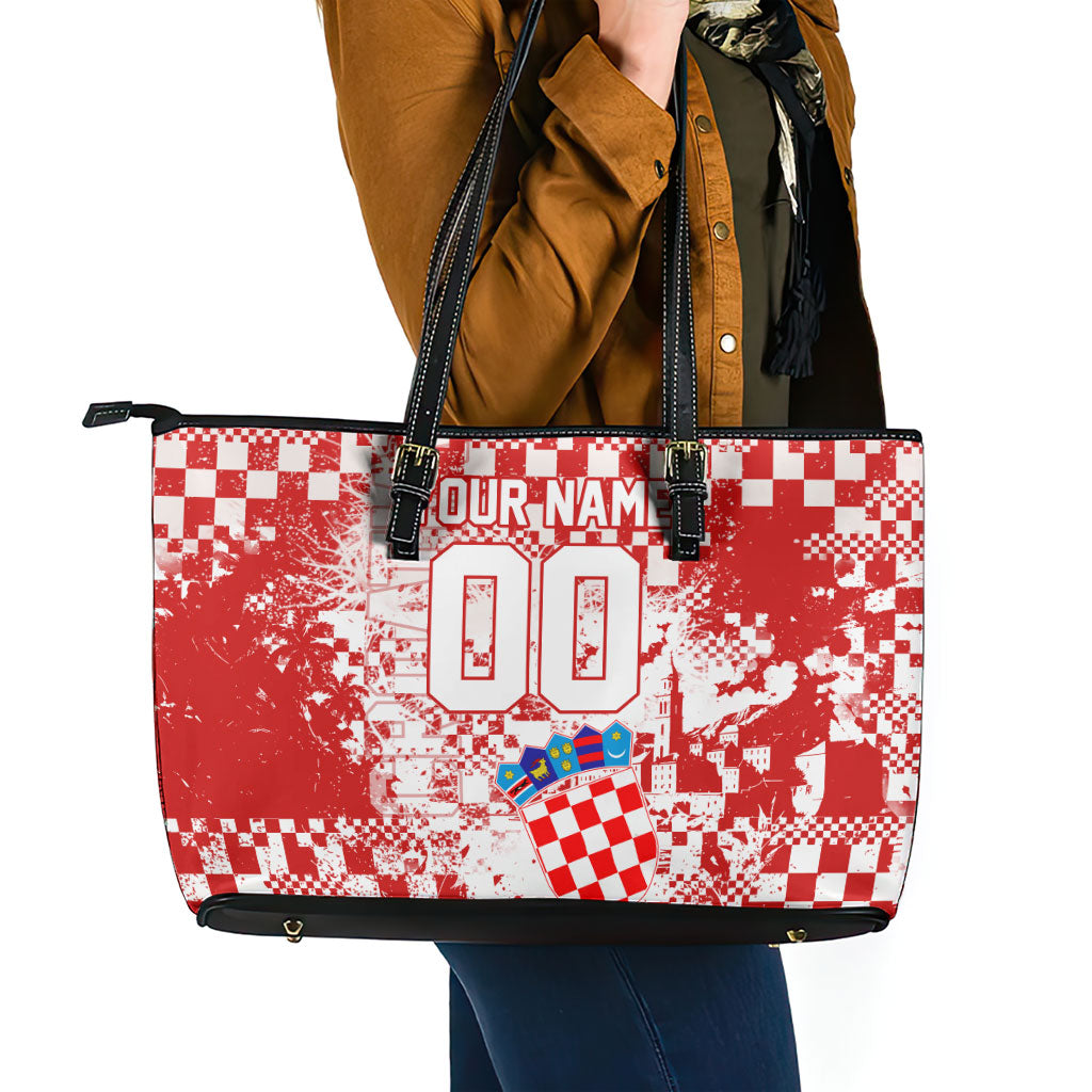 Personalized Croatia Football Wolf Mascot Leather Tote Bag Checkerboard Soccer Pride - Splatter Textures