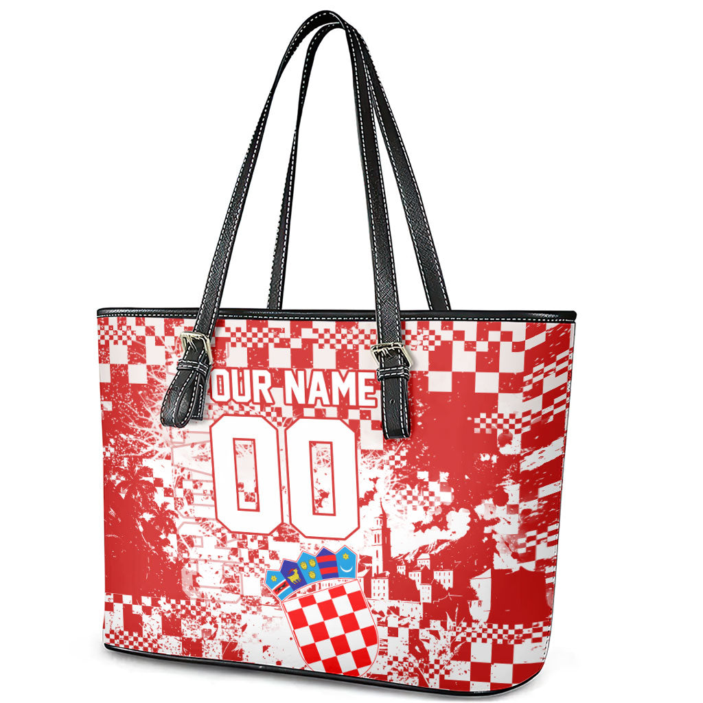 Personalized Croatia Football Wolf Mascot Leather Tote Bag Checkerboard Soccer Pride - Splatter Textures
