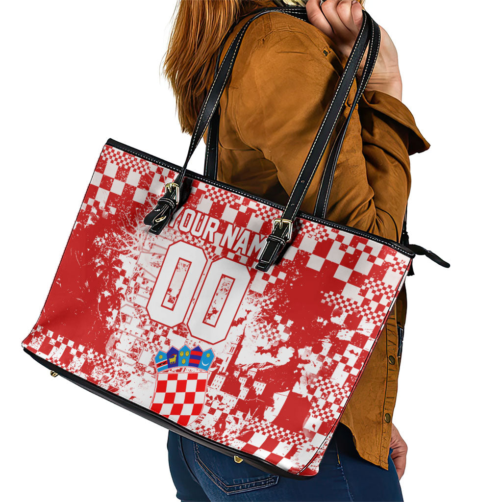 Personalized Croatia Football Wolf Mascot Leather Tote Bag Checkerboard Soccer Pride - Splatter Textures