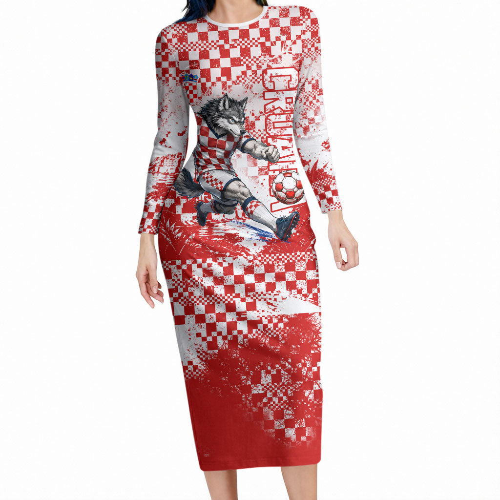 Personalized Croatia Football Wolf Mascot Long Sleeve Bodycon Dress Checkerboard Soccer Pride - Splatter Textures