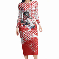 Personalized Croatia Football Wolf Mascot Long Sleeve Bodycon Dress Checkerboard Soccer Pride - Splatter Textures