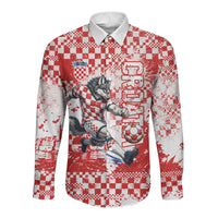 Personalized Croatia Football Wolf Mascot Long Sleeve Button Shirt Checkerboard Soccer Pride - Splatter Textures
