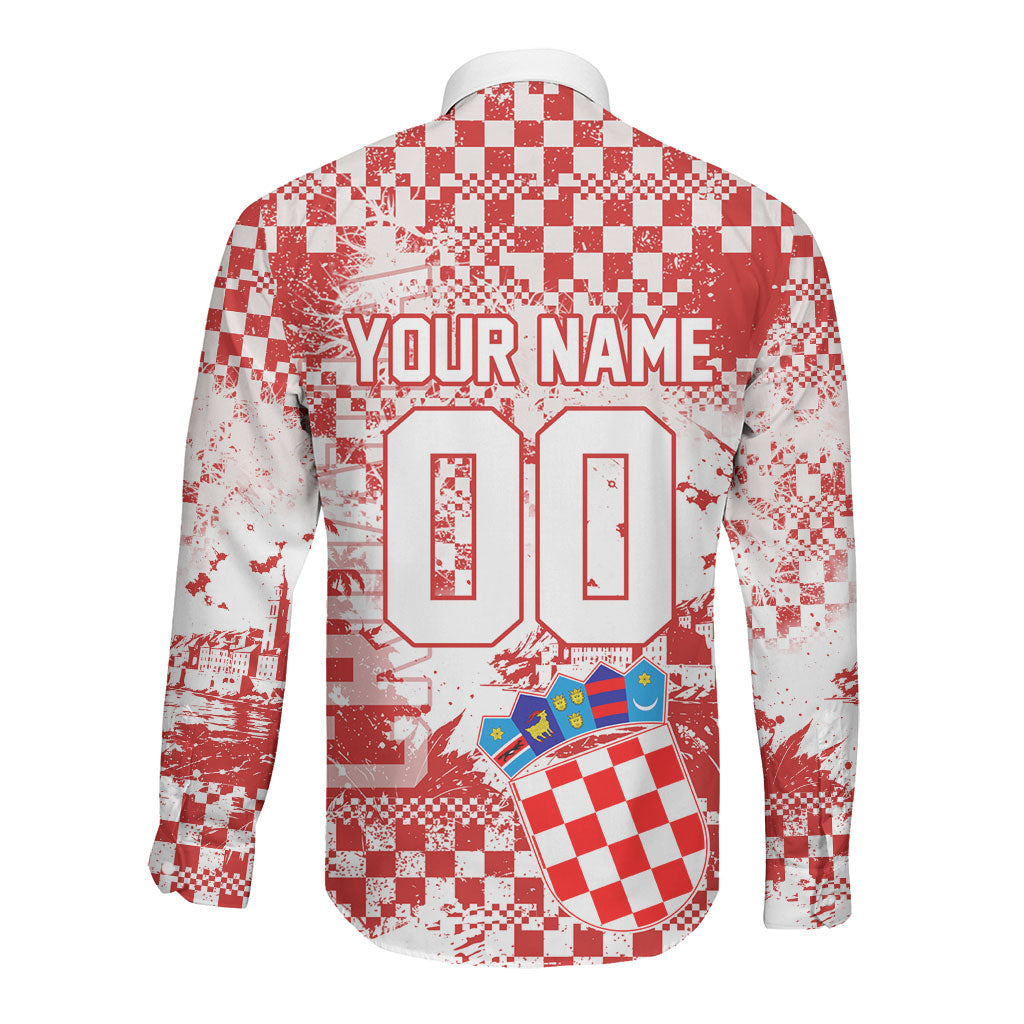 Personalized Croatia Football Wolf Mascot Long Sleeve Button Shirt Checkerboard Soccer Pride - Splatter Textures