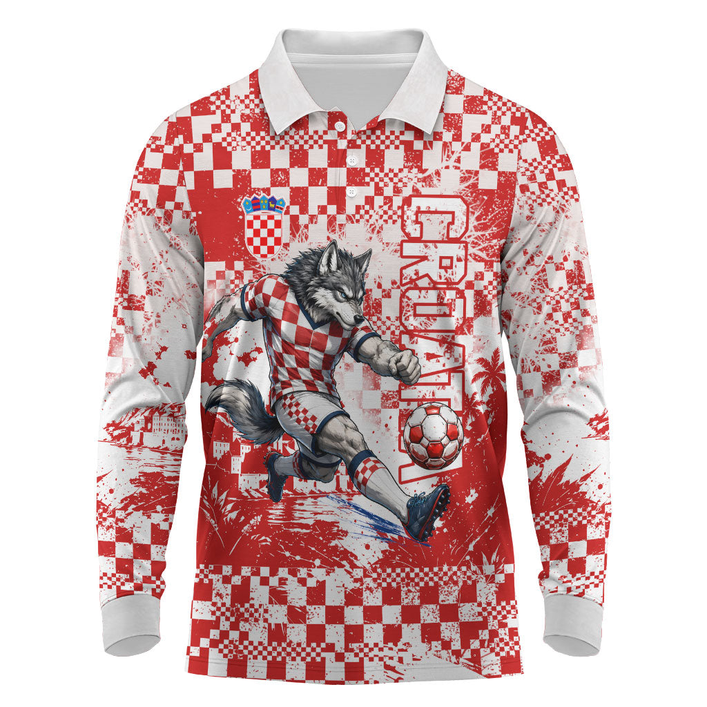 Personalized Croatia Football Wolf Mascot Long Sleeve Polo Shirt Checkerboard Soccer Pride - Splatter Textures