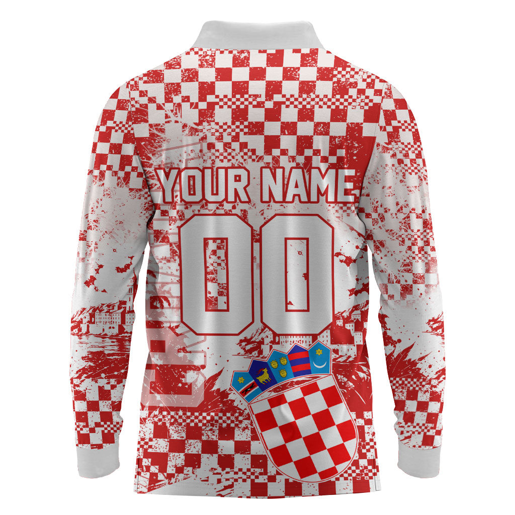Personalized Croatia Football Wolf Mascot Long Sleeve Polo Shirt Checkerboard Soccer Pride - Splatter Textures