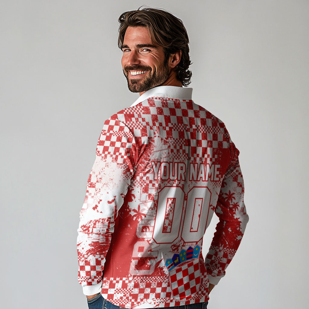 Personalized Croatia Football Wolf Mascot Long Sleeve Polo Shirt Checkerboard Soccer Pride - Splatter Textures